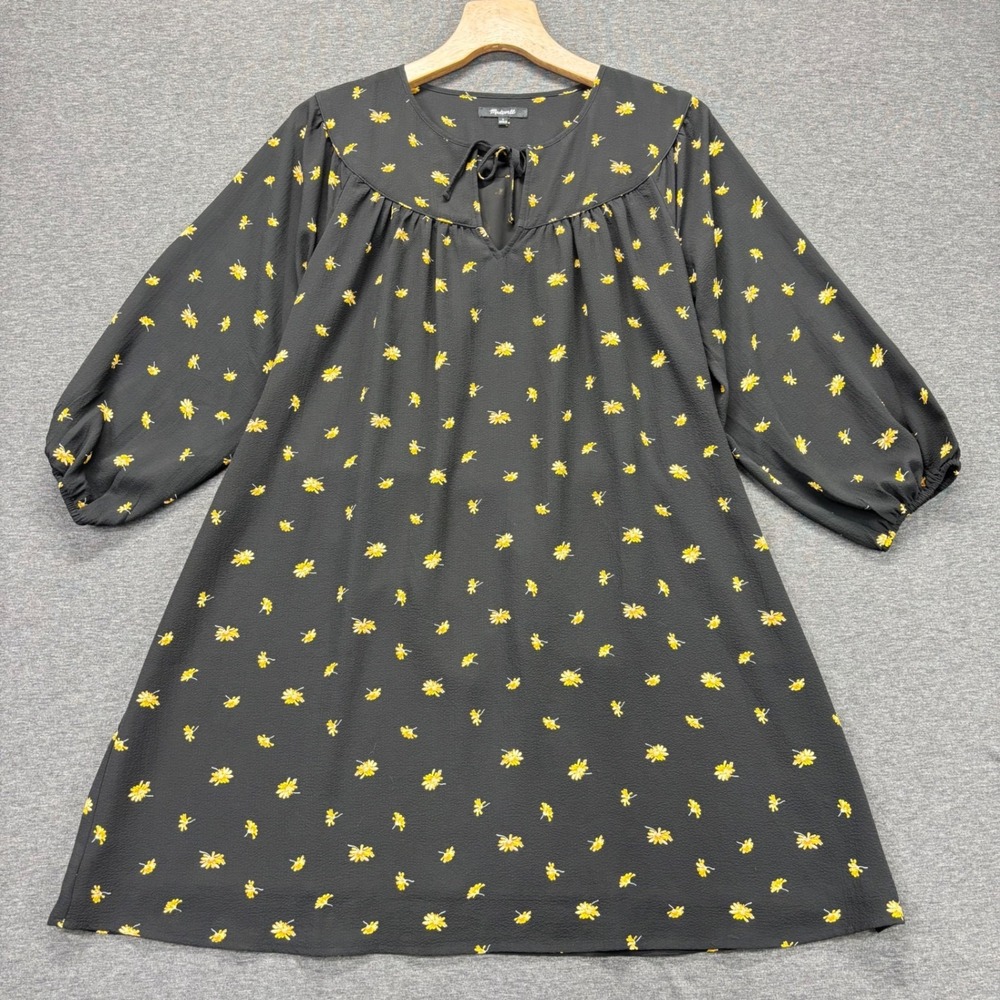 Madewell Dress Womens S Black Yellow Floral Tie Neck Belted A-Line 3/4‎ Sleeve